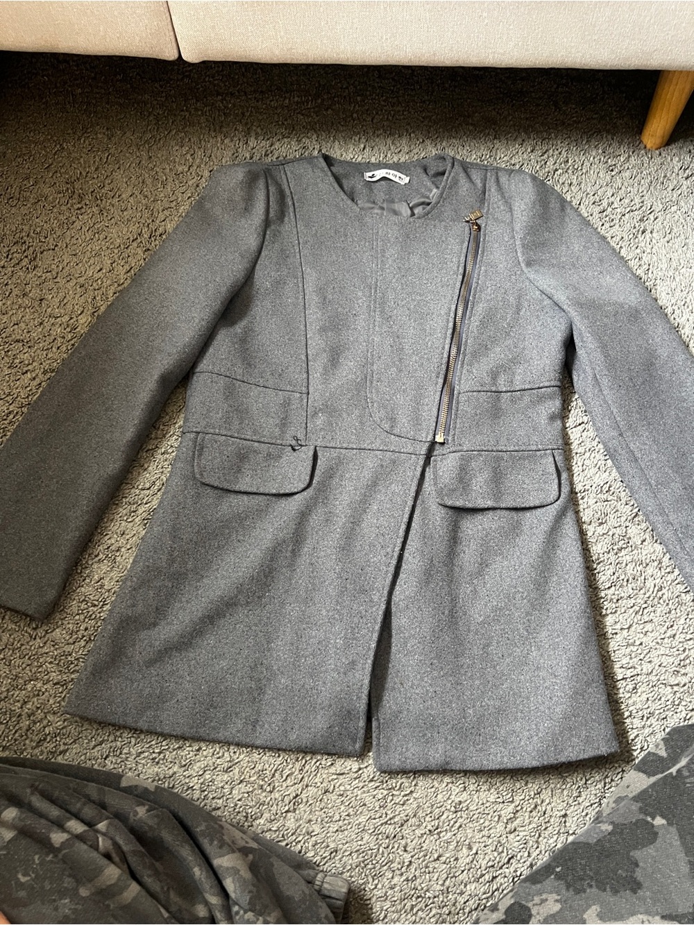 Aritzia Gray Asymmetric Zip Wool-Blend Pea Coat